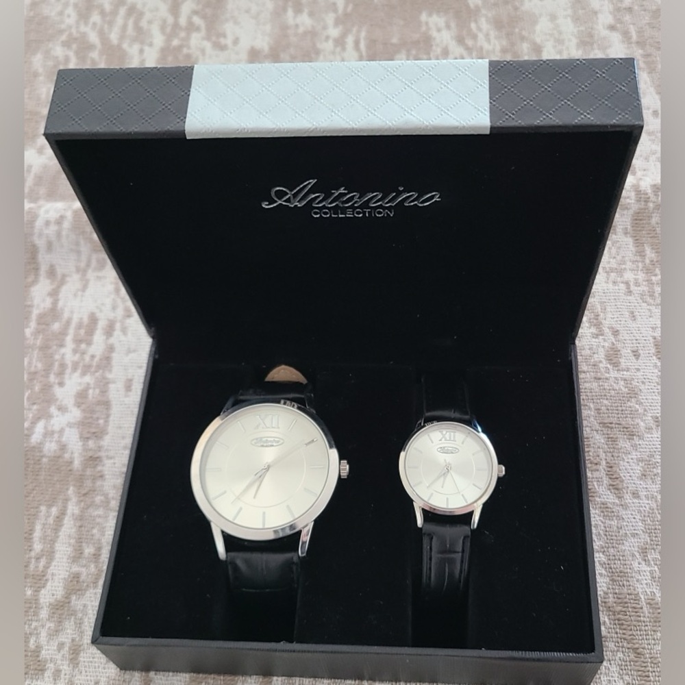 Antonio Classic New His and Hers Leather Strap Gold-Tone Dial Watch Set